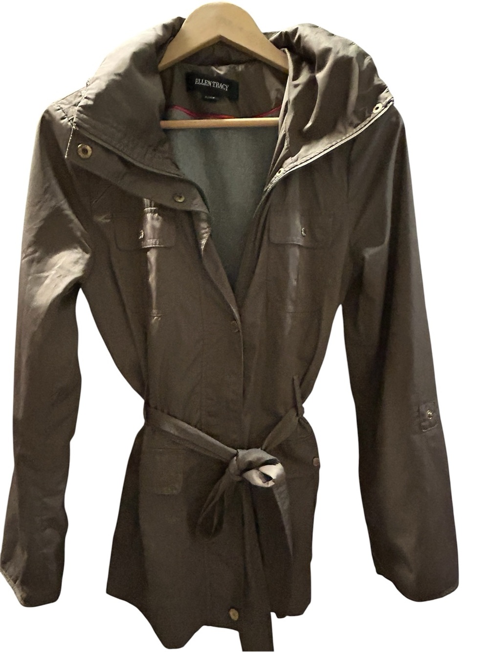 Ellen Tracy Hooded Anorak Trench Jacket Earthy Olive Sz XS